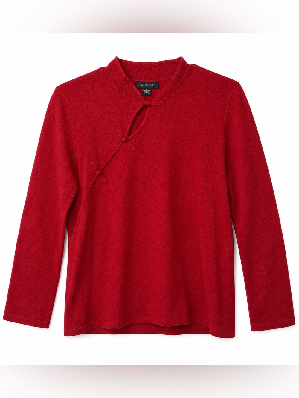 Harold’s Red Mandarin Collar Frog Closure Sweater Top Rayon Blend Size Large Bow